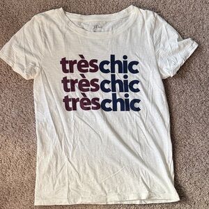 J. Crew White Short-Sleeve 'très chic' Graphic Tee with Purple & Navy Text